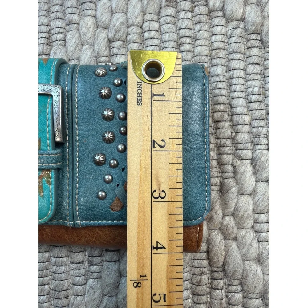Montana West Wallet Women OS Turquoise Brown Western Studded Whipstitch Wristlet
